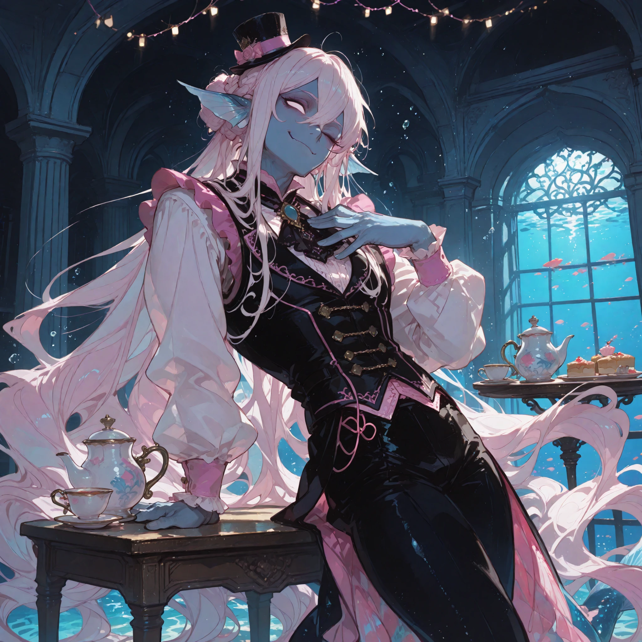 (((cowboy shot))), fixed perspective, from side, leaning back, arched back, hand over own chest, cruel smirk, head tilt, flirtatious expression, ((wink,)) 1 (((man))), naiad, (((no pupils,))) (absurdly long wavy white hair), fanged bangs, crown braid, braided bun, (mini top hat,) blue skin, even skintone, ((merman ears)), pink ((gothic)) regency fashion, long eyelashes, masculine build, ((strong jawline)), black regency boots, waistcoat, (((long))) skirt, ((legs)), ((pants)), cane, (((handsome))), (((masculine))), (((manly,))) sharp lines, rounded shapes, ultra quality, HDR, 8k, kawaii, cel shading, amazing composition, aquatic, underwater, seahorses, seashells, aquatic motifs, royal court, blue ornate architecture, fancy tables, fancy chairs, (((pink string lights))), tea, pastries, tea pot, sidelighting