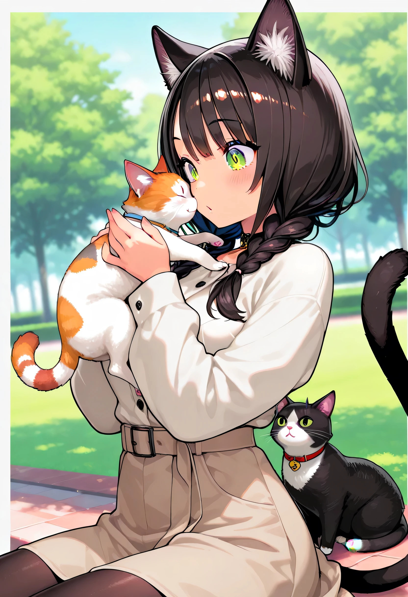 Girl in white with cat ears、real crazy at the park(((While observing cats)))、I'm going to play、