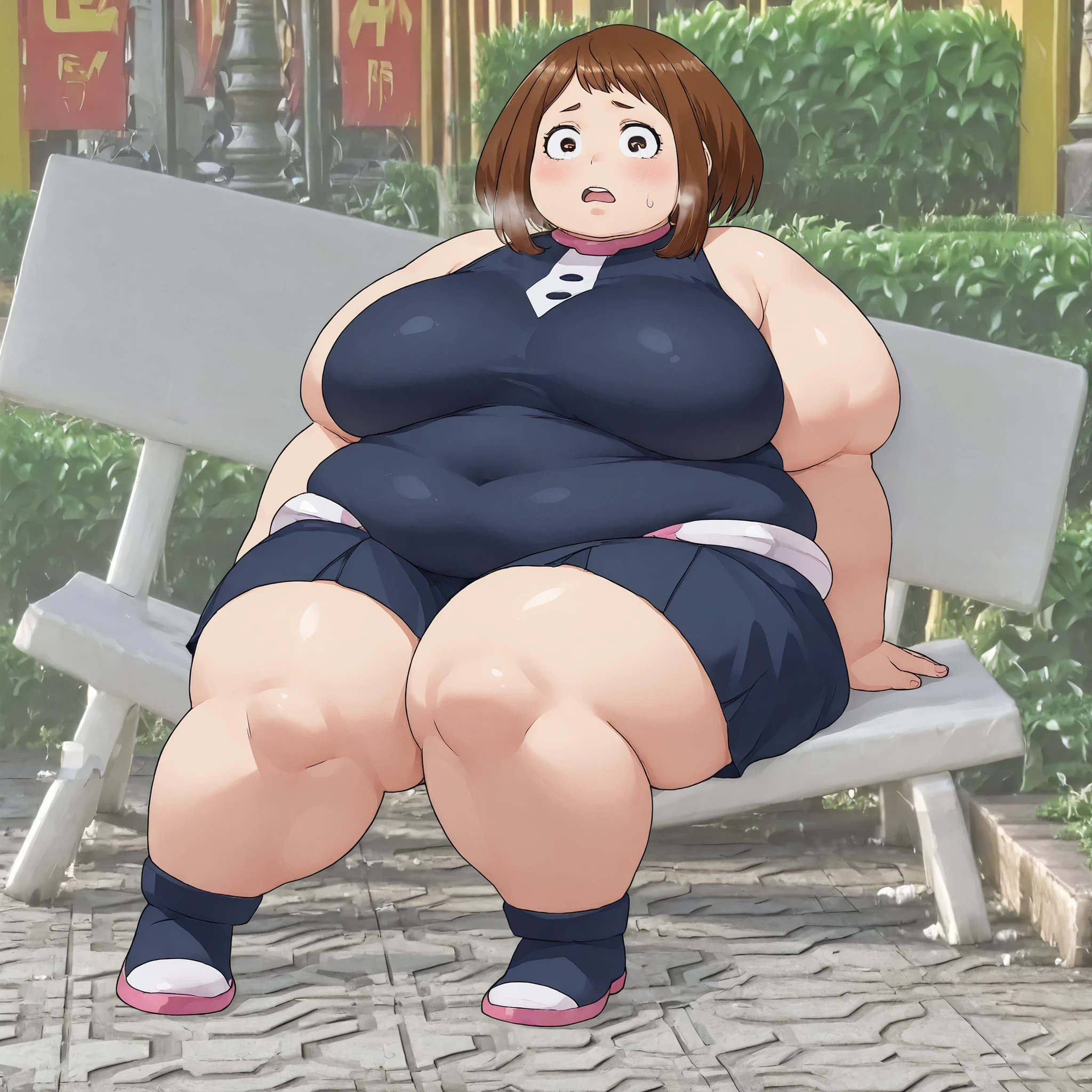 Phyrne Jameel, (masterpiece, high quality, amazing detail), highres, 1girl,, Uraraka Ochako, confused, open mouth, look at viewer, stone bench, fat, chubby, obese, gigantic arms and legs, large breasts open mouth, out of breath