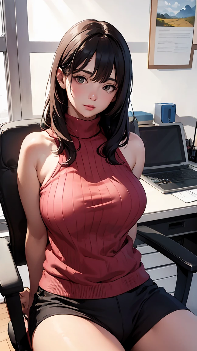 work of art, best qualityer, highest quallity, Perfect Anatomia, high resolution, ultra-detailed, 8 k wallpaper, texture, detail, unique, hdr, extremely detailed CG, Azuma Hisato, 1 girl, standing alone, whole body, standing, hypdertailed, maroon_body hair, bangss, maroon_eyeballs, 20 year, mature woman, gazing at viewer, ssmile, obscene face, (comely,big fit ass_breastsout:1.4), (comely_face:1.5),(narrow_waist), office clothes, Office uniform