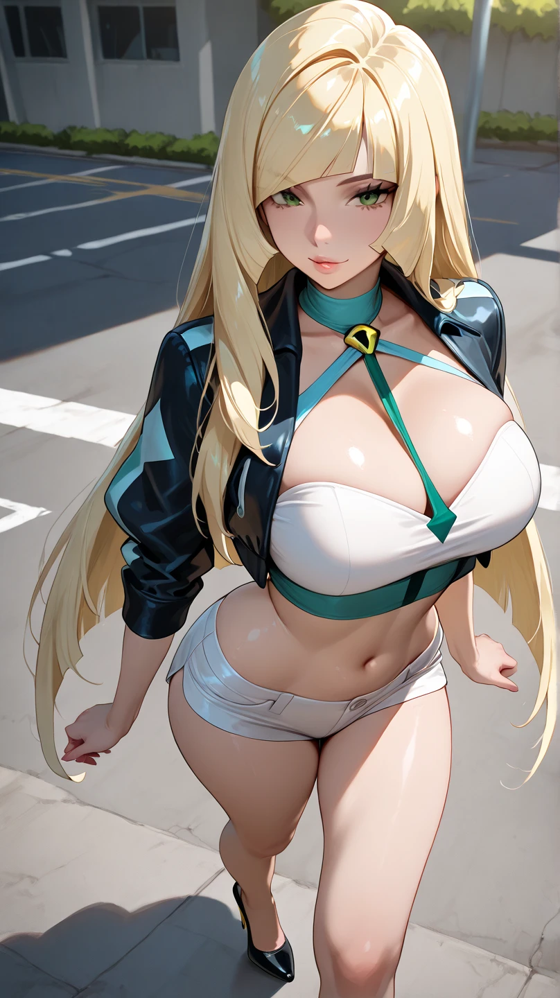 mythra, black shirt, white tank top, blouse, cleavage, collarbone, denim, denim shorts, jacket, long sleeves, ((open clothes)), open jacket, partially unzipped, blue jacket, shirt, short shorts, shorts, tank top, track jacket, unzipped, ((large breasts, big hips, tight clothes, cleavage, looking at the viewer)), (abs:0.8), BLUSHED, UNDERBOOB (realistic:1.2), (realism), (masterpiece:1.2), (best quality), (ultra detailed), (8k, 4k, intricate),(85mm),light particles, lighting, (highly detailed:1.2),(detailed face:1.2), (gradients), colorful,(detailed eyes:1.2),(detailed background),detailed landscape, (dynamic angle:1.2), (rule of third_composition:1.3), (Line of action:1.2)