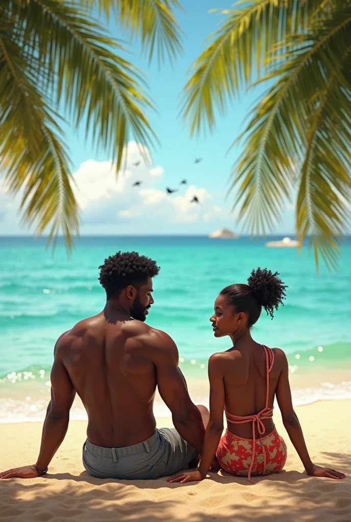 Generate images of a black beautiful woman with curvy body on a beach with a tall and handsome black man
