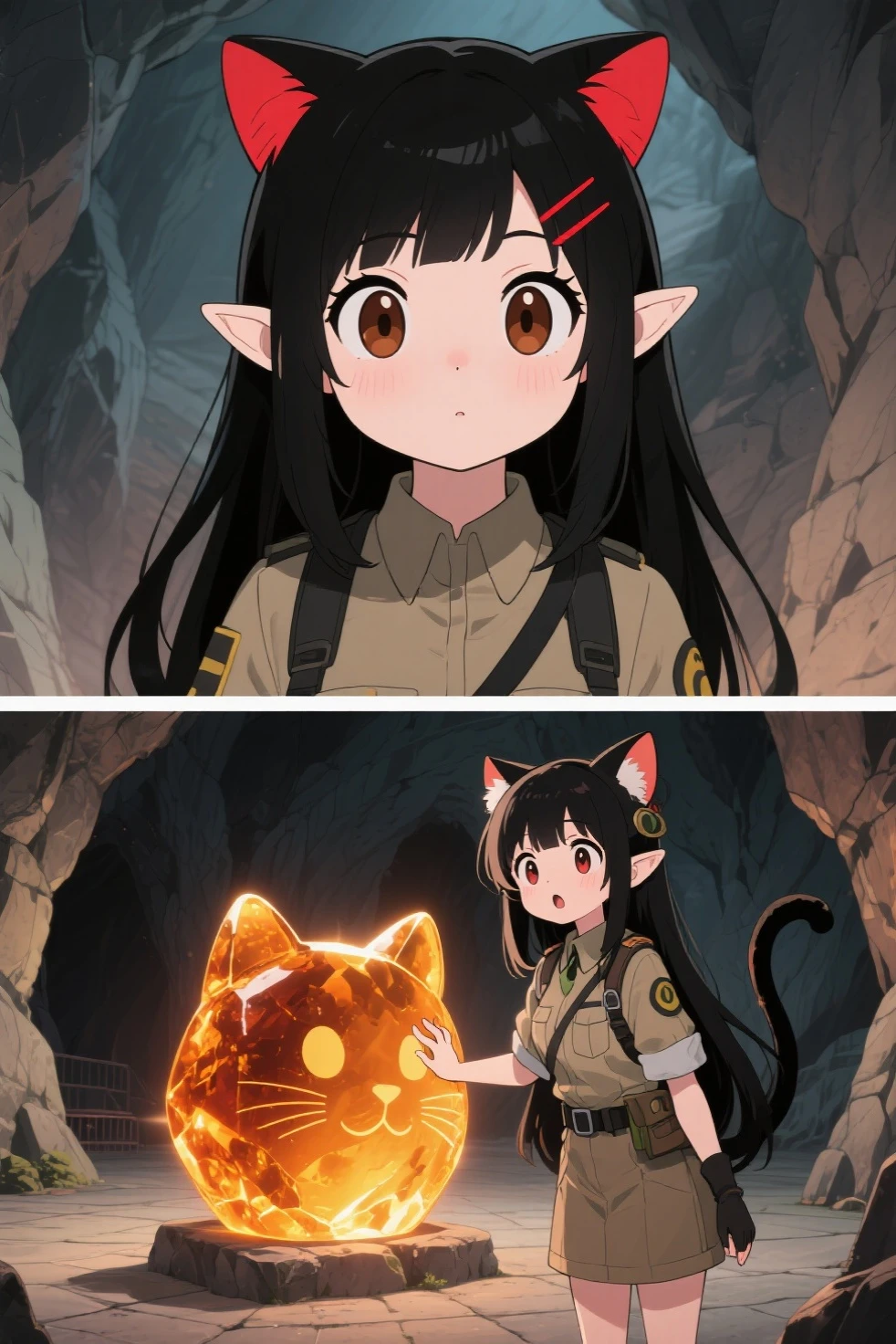 Three cute anime girls. They have cat ears. The three girls have the following appearances: The first one has light green slightly slanted eyes and a shiny silver hair, with an amber scrunchie attached braided side pony tail. The second one has slanted eyes and very long black hair. The third one has big round brown eyes and short brown hair. Location: A dome-like building with large cat ears at the foot of Mount Fuji. The background is drawn in the style of a 70s anime. Next to the building is a 70s anime style giant robot with large cat ears and a cat tail, and UFO with a large cat ears  and a cat tail is flying in the sky. They are wearing pilot suits in the style of a 70s anime, and are running towards the viewer with smiles on their faces.