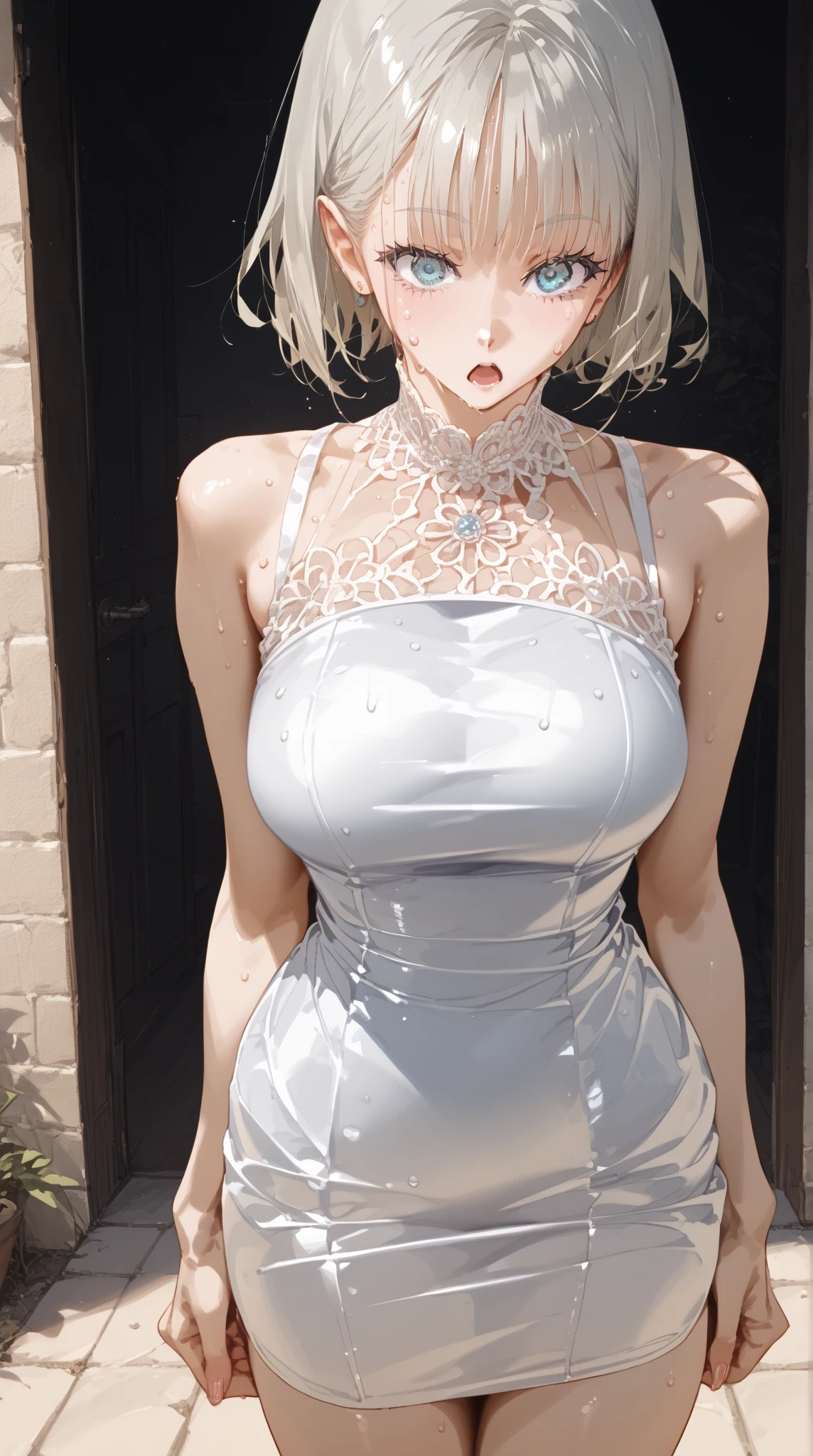 ((masterpiece)), ((best quality)), (detailed), perfect, solo, boosette, gorgeous girl, luscious lips, white hair, (((very shy))), (((blushing))), (((hands on face))), in a haunted mansion, (((gigantic breasts))), (((covering face))), (((off shoulders)))
