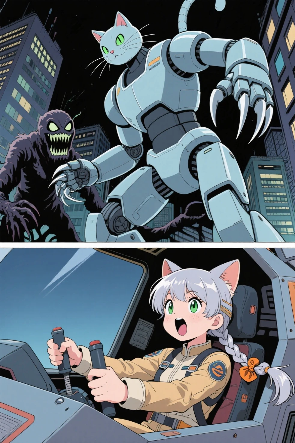 Three cute anime girls. They have cat ears. The three girls have the following appearances: The first one has light green slightly slanted eyes and a shiny silver hair, with an amber scrunchie attached braided side pony tail. The second one has slanted eyes and very long black hair. The third one has big round brown eyes and short brown hair. Location: A dome-like building with large cat ears at the foot of Mount Fuji. The background is drawn in the style of a 70s anime. Next to the building is a 70s anime style giant robot with large cat ears and a cat tail, and UFO with a large cat ears  and a cat tail is flying in the sky. They are wearing pilot suits in the style of a 70s anime, and are running towards the viewer with smiles on their faces.