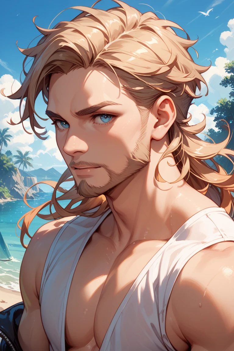 1boy, solo, muscular, tall, sexy body, no shirt, shirtless, blonde very long hair, gold eyes, sea, beach, clear summer day, detailed face, detailed hands, detailed legs, detailed fingers, detailed hair, detailed eyes, detailed skin, dynamic lighting, (photorealistic:1.4), 8k uhd, (hyper realistic), (photo realistic), (masterpiece), (best quality)