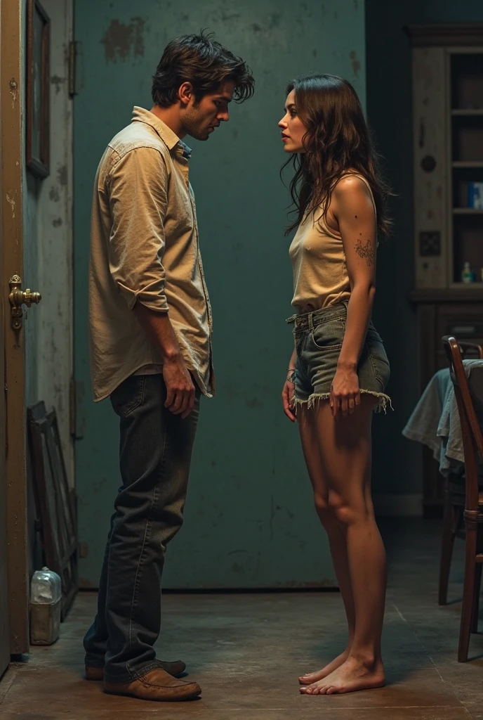 n the gritty ambiance of a bike workshop, Damon Salvatore and Elena Gilbert share a steamy moment amidst the tools and machinery. Damon, shirtless and wearing mechanic's overalls that hang loosely on his hips, leans against a motorcycle, his muscles glistening with sweat under the workshop lights. Elena, dressed in a tight tank top and jeans, approaches him with a playful smile, her hands resting on his chest as they share a heated gaze filled with anticipation."