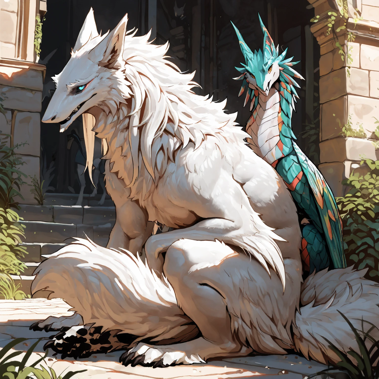 A solo sergal squatting in a all black long japanese kimono in a angelic style, with white slime dripping from his wet body(very elegant) ((male)) (muscles)((black and white)) ((male) (anthro) ([sergal])), hi res, photorealism, soft shading, (detailed fur: 1.1), happy looking, (legs), (solo: 1.1), ),, tail raised, ((beautiful) eyes: 1.1), (detailed eyes: 1.1), (detailed), (masterpiece: 1.2), (athletic), good anatomy, detailed face, (by Kenket), by Ross Tran, by Michael & Inessa Garmash, by Pino Daeni, by Kiguri,  by Alena Aenami, by Ruan Jia