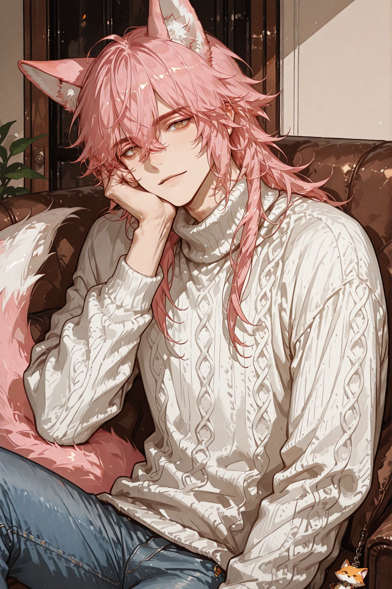 "A seductive, muscular man with long silky pink hair and masculine fox ears, sitting in a modern cozy living room. He is wearing a white turtleneck knit sweater and jeans, fully dressed with no exposed chest. His expression is confident and alluring, with a slightly wicked charm. He smiles lustfully, his glossy eyes looking directly at the viewer. His pose is relaxed, with his cheek resting on one hand. Upper body focus, close-up angle. Masculine features only — no feminization. Realistic lighting and soft shadows."
smiling lustfully with glossy eyes and a slightly wicked charm