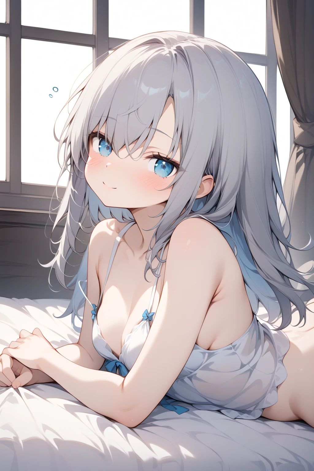 1girl,pale hair,Crevice,Cleavage,sideboob,pallid,pale colors,pale eyes,masterpiece,best quality,very aesthetic,absurdres,blue eyes,nightgown,apart,(Navy blue panties),(lift),(knees up),Black pupil