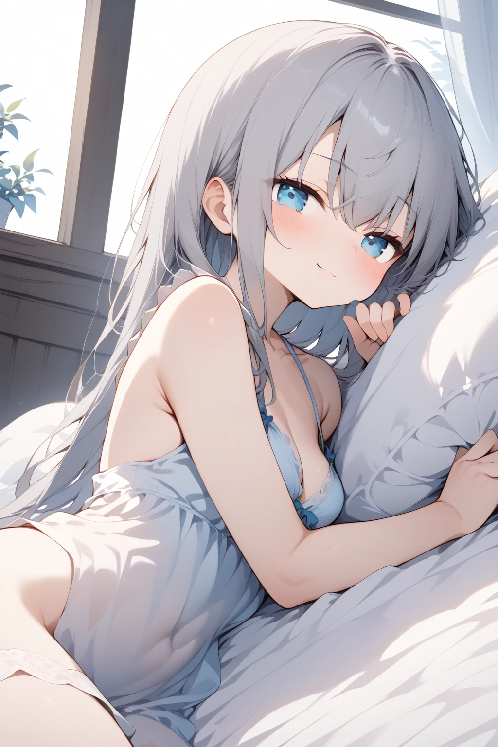 beautiful girl(White string bikini、Silver Hair、Blue Eyeedium hair) 、lie on bed, bed room、from front、4k、highest quality、solo、From before、