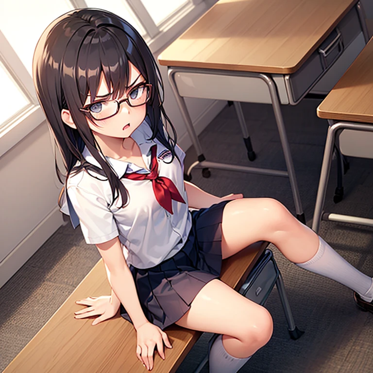 (best quality, masterpiece, anime, 4k, extreme detail), 1girl, slutty, long curly hair, dark hair, slutty makeup, ruffled shirt, pleated skirt, plaid skirt, super textured outfit, slim figure, small breasts, silver piercings, thick glasses, round face, big lips, lipstick, long legs, spread legs, no panties, vulva, sat in a classroom, at a desk, tied to her chair, bound, bdsm, flushed, grumpy, outfit, from the front