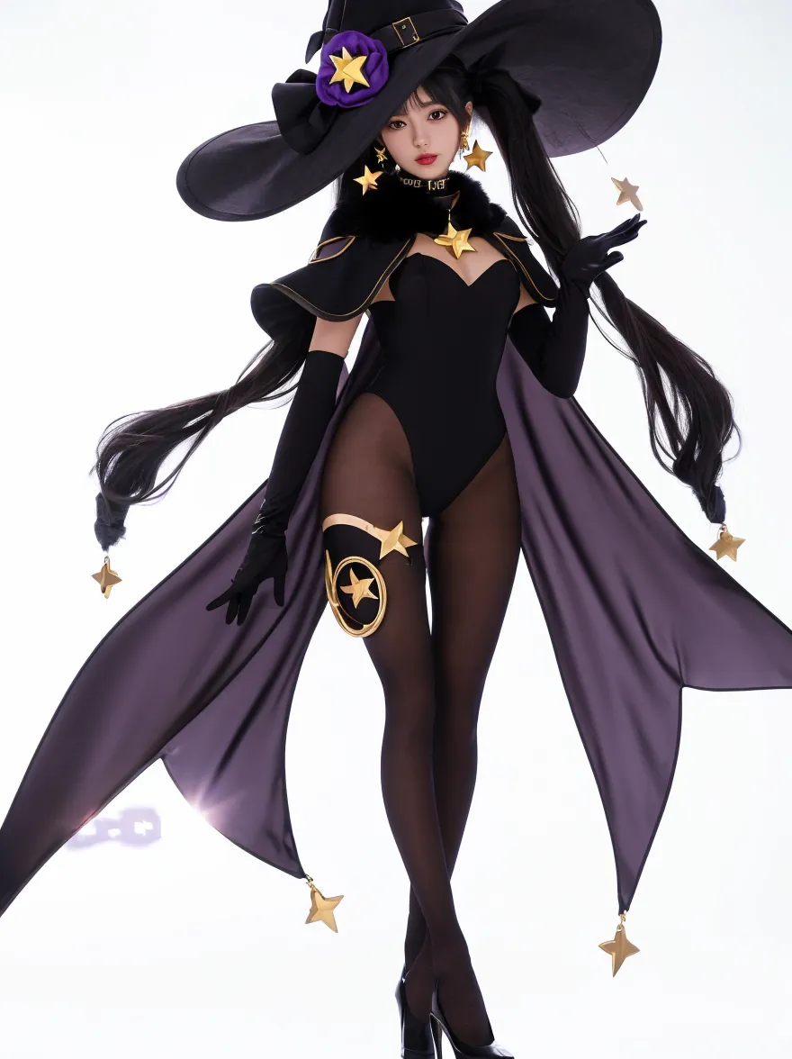 Digital illustration featuring a female character dressed as magic. The character has long, wavy black hair and wears a black top hat, a black tuxedo jacket with tails, a white bustier, and high-waisted black shorts. She also wears white gloves and a white bow tie. The background is a gradient of dark red and black, with a spotlight effect highlighting the character. The character is smiling and holding the brim of his hat with his right hand.