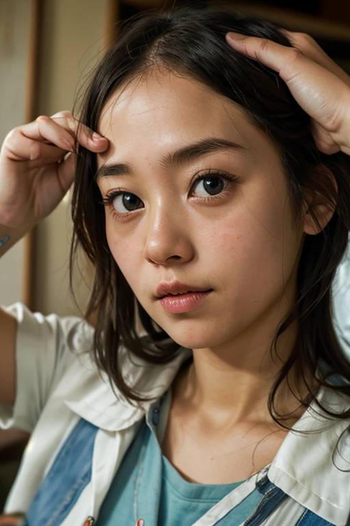 ((Lying face down in a dirty living room looking at a smartphone)) , detailed Room wear , loose chest camisole, Age 13, Twin tail hair , Twisted eyes,