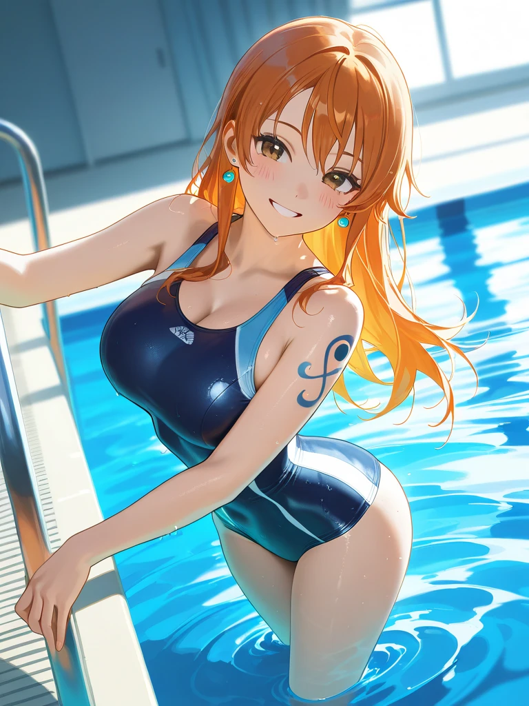 anime girl in a bikini leaning over a swimming pool ladder, realistic bikini, nami one piece, swimsuit, wearing a swimsuit, nami from one piece, seductive anime girl, thicc, beautiful portrait of nami, digital anime illustration, marin kitagawa fanart, oppai, wet swimsuit, pixiv 3dcg, digital anime art, detailed digital anime art