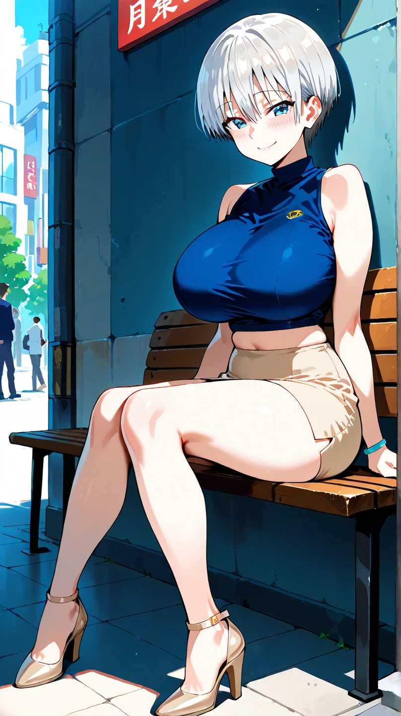 a mother who is extremely hot voluptuous sexy busty and is insanely and extremely sexy cute pretty beautiful pretty curvy with her extremely shiny bright glass SNOW FAIR LUSH SILKY smooth soft lush plump glass glowing white skin complexion and perfect round cleavage and her INSANE tight perfect hot hourglass figure, her wide soft hips, and her skinny lush soft plump arms and her big soft plump perfect round thick BIG ass with her extremely white bright SNOW FAIR LUSH plump round cleavage and her glowing fair shoulders along with her shiny long silky GOLD LUSH hair with her extremely insanely god tier cute irresistible kind gentle look on her charming gorgeous stunning pretty face with her big shiny bright stunning blue eyes and her shiny black eyelashes and her two bright pink blushes and her bright pink puffy lips on her face and her pink shiny nails and her sexy thick luscious lush thighs and legs, The woman has god's given absolute irresistible other-worldly god-tier beauty possessing the most irresistible charm and beauty in all of mankind's history and future as she's the peak and epitome of a woman's elegance and feminine and her insane, impossible, and unimaginable levels of beauty the woman has, the woman wears her shiny yellow high heels along with a red ribbon and a piece of small jewelry ornament hanging on her hair bun with a golden jewelry necklace on her smooth lush snow fair clean tender soft smooth neck and gold bangles on her wrist and gold anklets with small bells on her two feet and gold earrings on her lush fair white fair ears and a gold belt on waist, flowers on hair, standing, eyes wide open, show full body, she's wearing a EXTREMELY revealing sexy short TIGHT off shoulder blue DRESS with strings AND HILTS, SITTING ON A PARK BENCH LEGS CROSSED, WITH HER YELLOW PURSE KEPT ON THE SIDE, cars and roads background, sunny sky, show full body, PERFECT LUSH SEXY BODY