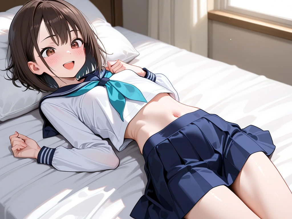 masterpiece, highest quality, High resolution, masterpiece, highest quality, High resolution, 1 girl, {nakaseko_Kaori_Sound euphonium:1.15}, short hair, Brown's hair, serafuku, red eyes, front hair, blurry, Black hair, blurry_background, Brown_shirt, Brown_skirt, closed_h outside m, green_neckerchief, kitauji_expensive_School_uniform, length_hair, length_sleeve, crew_collar, School_uniform, shirt, white_crew_collar, looking at the viewer, skirt, Bedroom, On the bed, bed, bed, bedroom, spread your legs, panty shot, wedgie in underwear, (from below:1.5), Panty shot, realistic skin, shiny skin, shiny skin, sweaty feet, Skirt raised, (white panties:1.5), highly detailed face, perfect sentence, Detailed CG, (perfect hands, perfect anatomy), (embarrassed look:1.5),