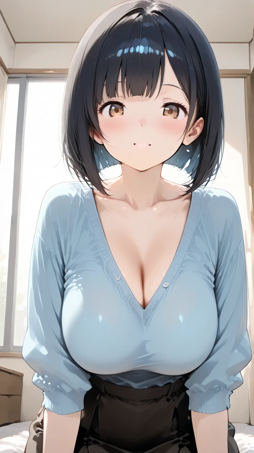 (score_9,score_8_up,score_7_up),kloah,sexy girl in a skin tight uniform bending over the viewer, blue eyes,obsessive expression,yandere,deep cleavage,hanging breasts,skindentation,normal clothes, bob haircut, black hair, older look, milf, bedroom,extremely detailed,dynamic lighting,best quality,High Angle view Distance shot,
