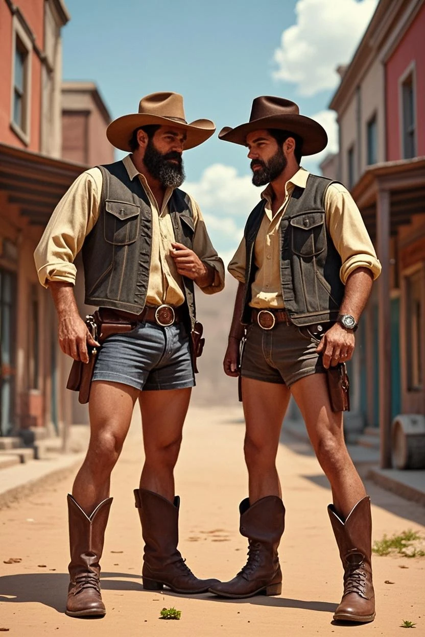 ((masterpiece)), ((best quality:1.2)), High Resolution, 8k, (ultra_realistic:1.3), (photorealistic:1.4), sharp focus, 2boys, (perfect face), cowboy , handsome sexy ,abs, latex string thong , shirtless , cowboy hat , boots, desert environment , nsfw. ,eroticism , big fat ass , kpop idol , sexy black stockings