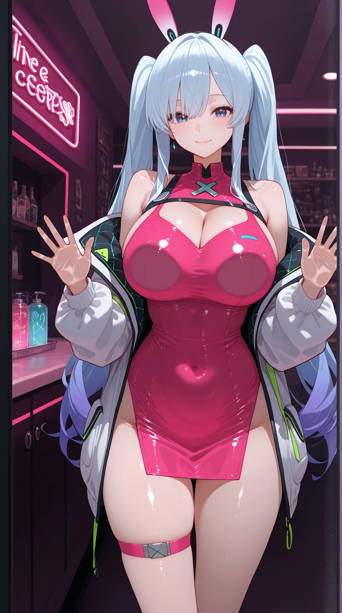 masterpiece, best quality, highres, hy1, hair ornament, multicolored hair, casino, playboy bunny, rabbit ears, smile, waving Large breasts huge breasts