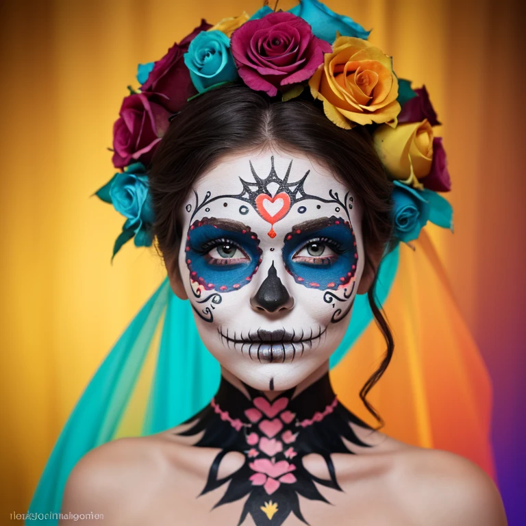 un primer plano de una mujer con un maquillaje de esqueleto y una diadema colorida, dia de los muertos makeup, dia de los muertos. 8 mil, (dia de los muertos), ( dia de los muertos ), ( ( dia de los muertos ) ), el dia los muertos!, maquillaje creativo, vestir y maquillar dia de muertos, piel blanca, piel coreana, blanca 
