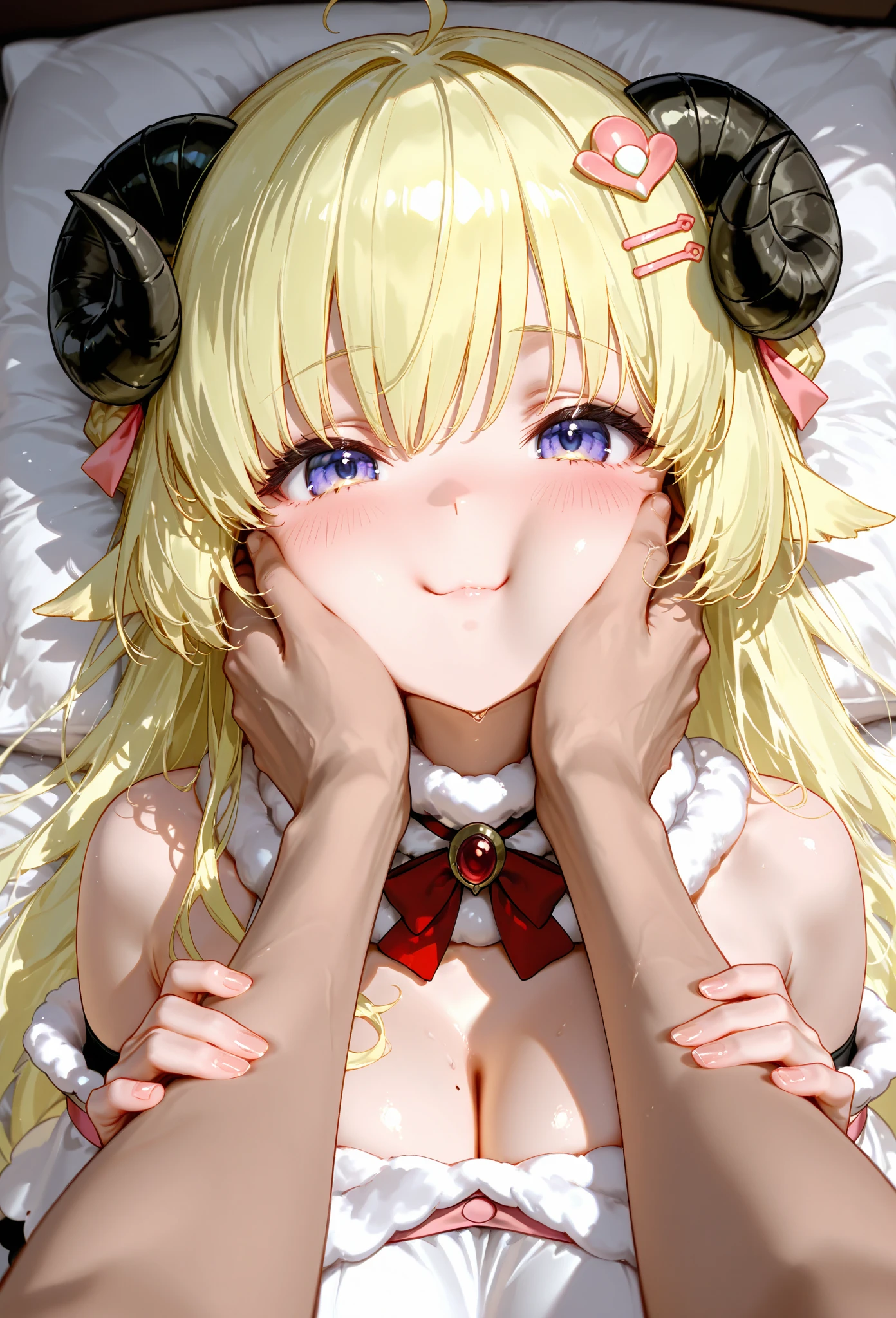 blonde hair demon girl, small girl, one girl, maid dress, gold crown on her head, face on camera, tight shirt, show large chest, dark isekai, shy girl, pitiful face, face forward to camera, asking pose, pink cheeks, half body, body on iron chain, smile, amber eyes, no nails, pink blushes, lying on grass, very big breast, cleavage, sweat breast, leg_up, anime style 4 k, extremely detailed artgerm, demon anime girl, shiny skin, sweat, sweat body, neck collar iron chain, make sure wearing pants, crown, demon horn, maid costume