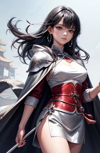best quality, masterpiece, ultra-detailed, detailed light, (RAW photo:1.2), (photorealistic:1.4),(masterpiece:1.3),(best quality:1.4) 1girl, solo, waist up, long hair, sky, dress, armor, cloud, chinese clothes