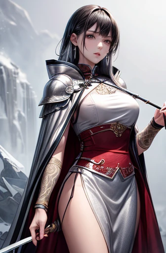 woman, Blue and White TIger Samurai with tattered worn cloak standing in a fierce , highly detailed, photorealistic, unreal engine, combat stance. unreal engine 5, hyper-realism, Nvidia Geforce 4090TI ,Katana, snow mountains in the backround, magical power