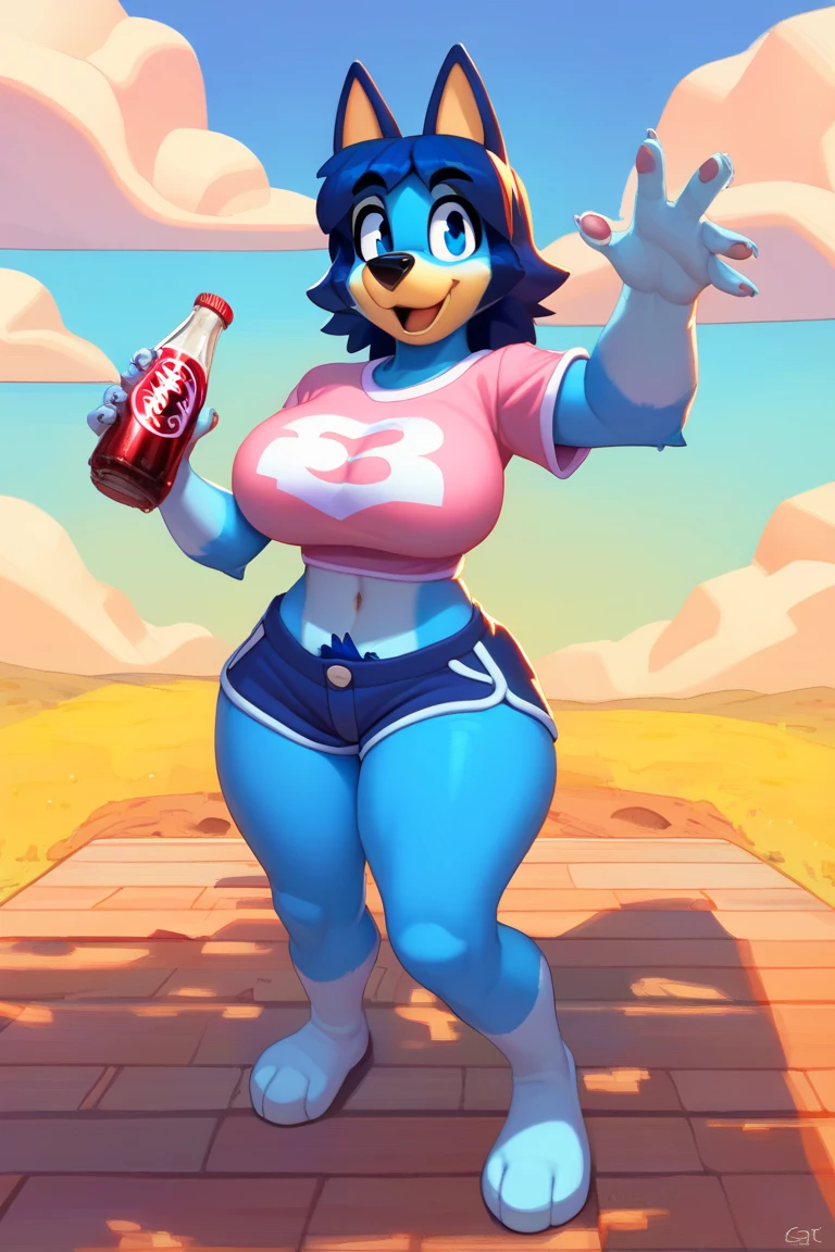 by darkgem, by duase, by BNG, by sligarthetiger, solo, 1girl, sergal, anthro, female, older woman, (round glasses:1.4), (white fur:1.3), (black hair:1.3), furry body, wide body, wide hips, thick thighs, big arms, (huge breasts:1.1), (heavy breasts:1.3), nipple outline, highly detailed eyes, milf, tank top, bare midriff, cleavage, large areolae, blue jeans, lowrise jeans, bare midriff, visible thong straps, Masterpiece, best quality, absurd res, highly detailed, cleanly drawn eyes, park environment, cute smile, standing upright, casual posture, buff, holding a smoothie