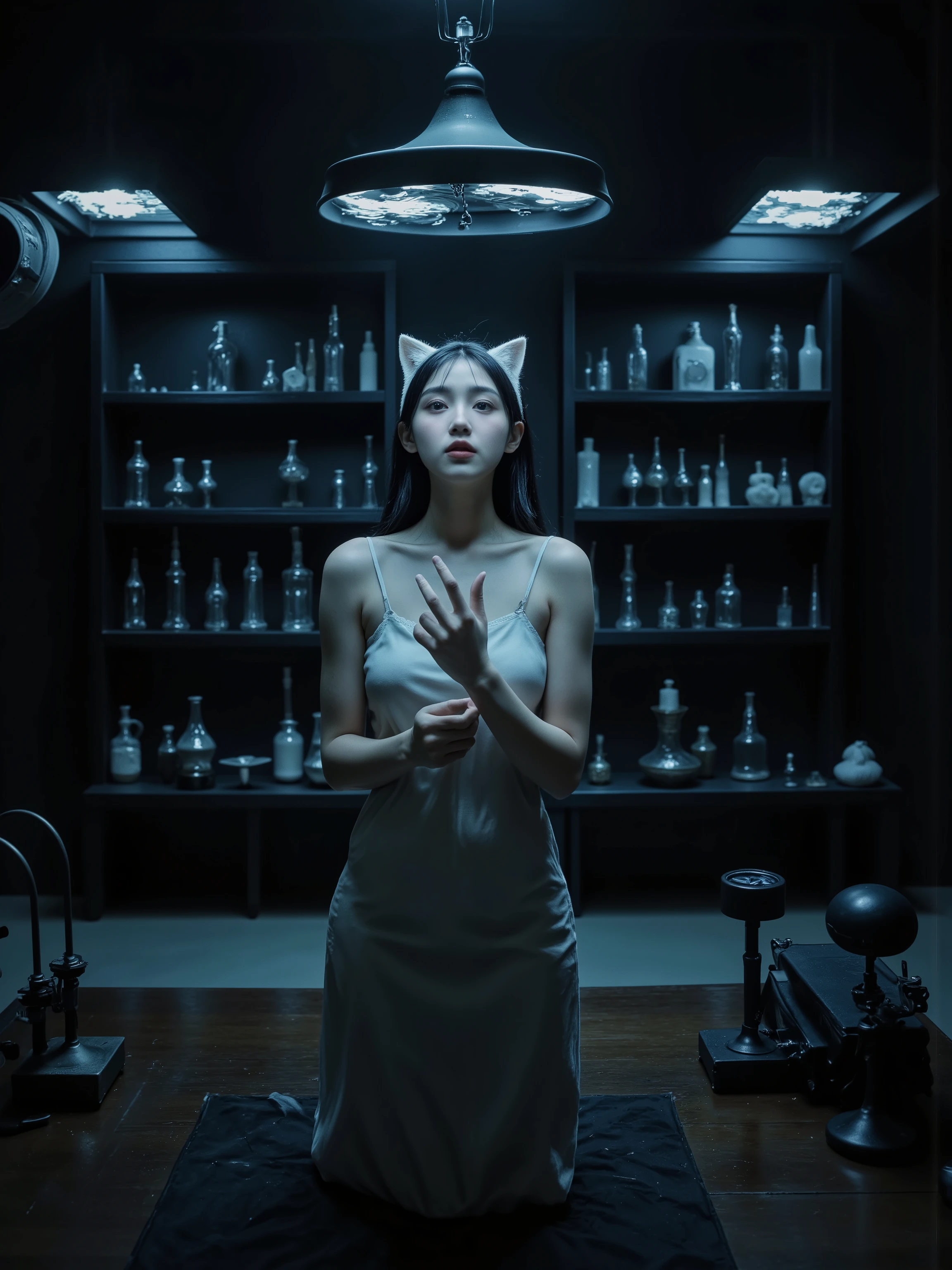 detailed hands, Inside a dimly lit scientific laboratory, a humanoid figure with cat ears sits within a large glass flask. The figure has a female appearance and wears only a sheer piece of fabric draped around her body. The flask contains clear liquid and is positioned on a laboratory counter surrounded by various scientific equipment including beakers, test tubes, and complex apparatus. The laboratory features metal shelving units filled with bottles and instruments, while overhead fluorescent lighting casts a cool glow throughout the space. Studio photography with dramatic low-key lighting and sharp focus on the central glass flask against dark laboratory background.
