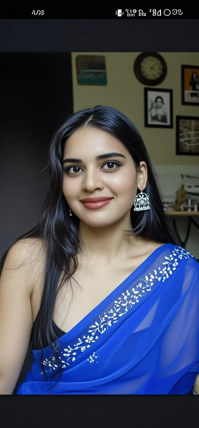 extreme close up photo of ntg avika gor, hourglass figure, big cheeks, curvy, swooping breasts, sexy armpits, standing in classroom, French braid hair, necklace, sultry, nerd glasses, look at viewer and smile, sexy satin silk royal blue see through saree, (cinematic:1.3), intricate details, (ArtStation:1.2)