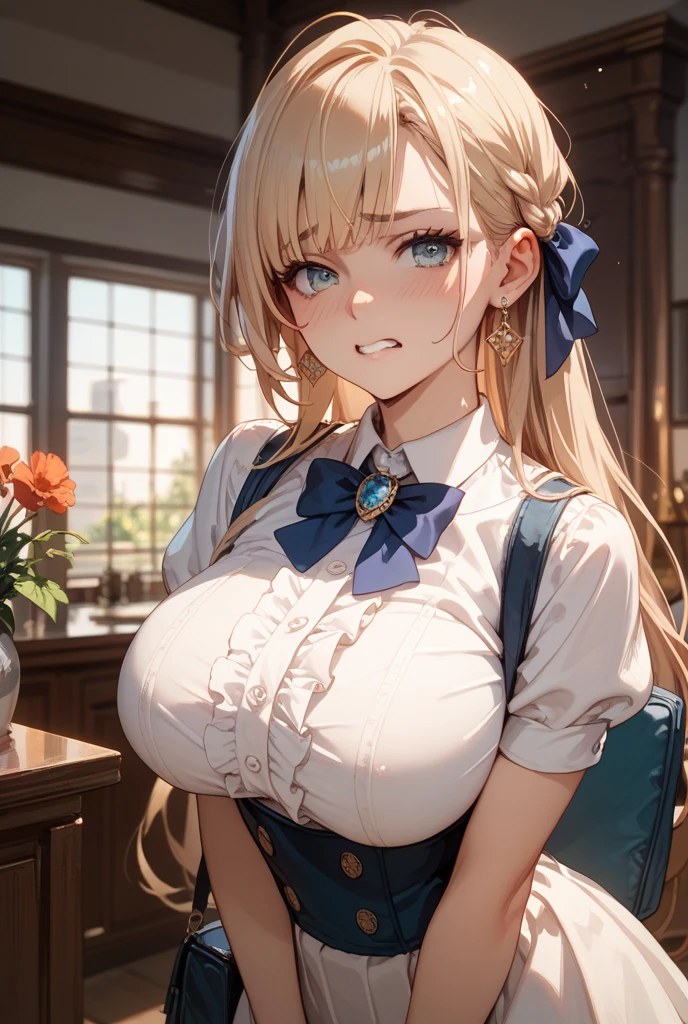 Medium breasts, 1girl, ((blonde hair)) ((long braid hair)) ((wolf girl)) blue eyes, has an extremely sexy body, with medium breasts and thin waist, and an extremely sexy body, puff sleeve blouse skirt pleated, it has a bold appearance. young, quality, realistic, best quality, cute expression, shy smile, porch, wooden house, cherry tree around, trees, medieval houses