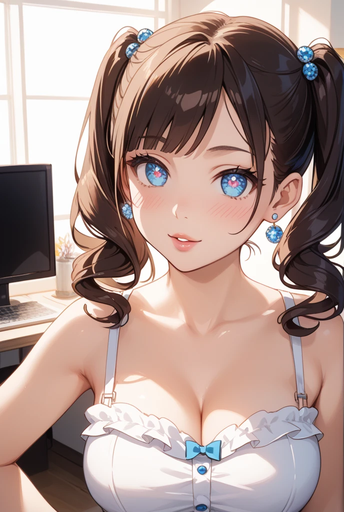 ((masterpiece, 最OK质量, high resolution, ultra high definition, pixel perfect, depth of field, 4K, RTX, high dynamic range)), 1 girl, single, alone, 24 years old, beautiful anime girl, Beautiful art style, anime characters, ((long hair, Bangs, brown hair, curls)), (green eyes:1.4, round eyes, beautiful eyelashes, realistic eyes), (Detailed face, blush:1.2), (smooth texture:0.55, lifelike質感:0.65, lifelike:1.2, cinematic, Anime CG style), medium breasts, Perfect body, plump, (Dynamic angle, View, close up), ((summer clothes, Vest, underwear, OK, underwear, underwear)), (outdoor, city building), ((summer, autumn, Natural light, sunrise)), sly smile