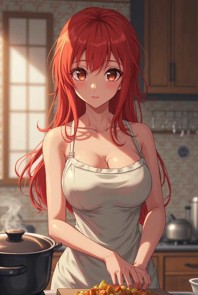 a woman with red hair, disheveled hair, in flour, in the kitchen