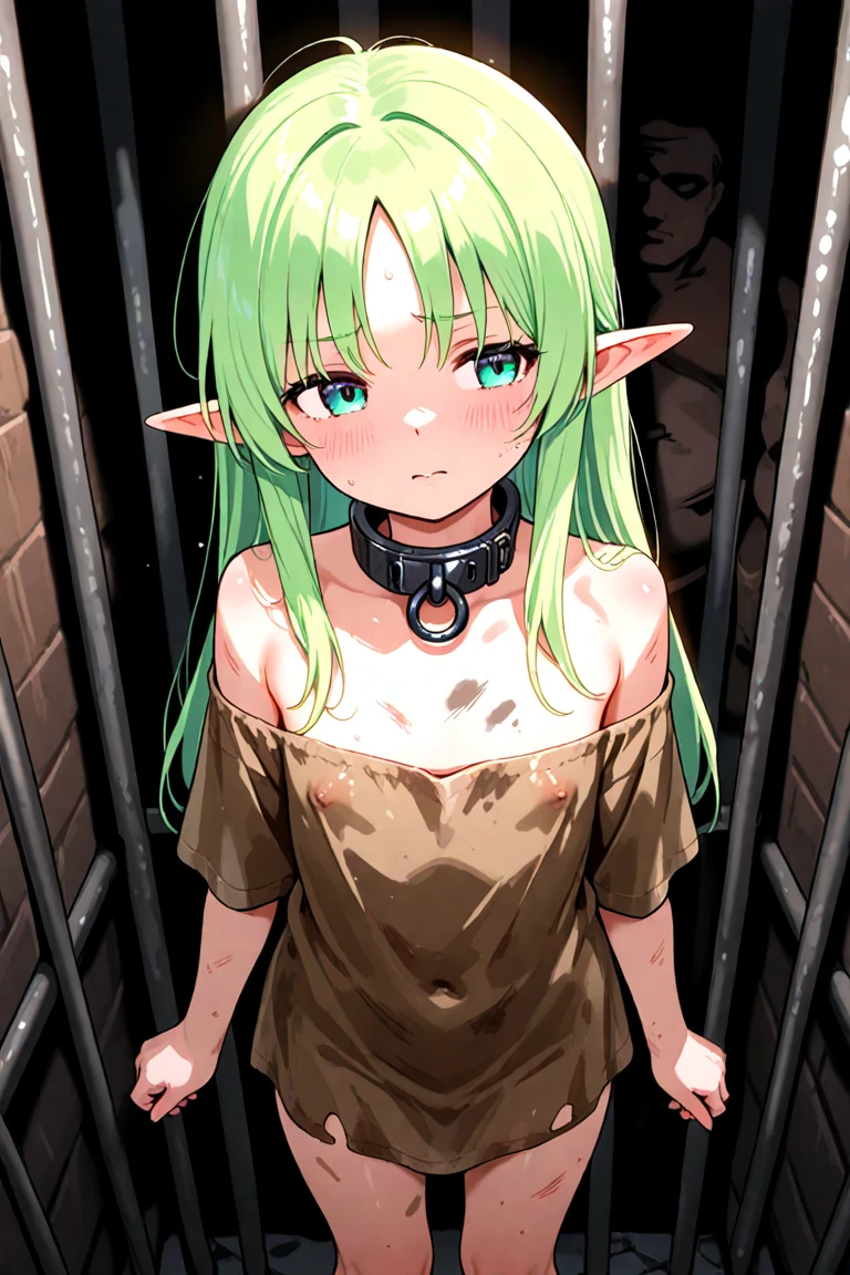Italian girl with very long brown hair, busty, slim, slave collar, tied with chains, body surrounded by bondauge ropes, underground prison cell, green light, on her knees