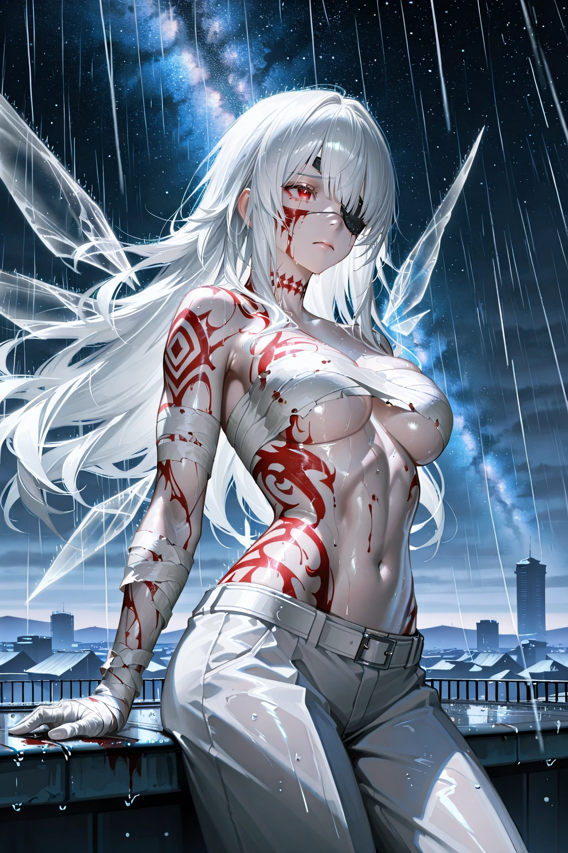 (solo), white hair, messy hair, mane hair, Long hair, dense hair, wild hair, expressive hair, mature,(25 year old), pale skin, red eyes, ((Female)), beatiful girl, wearing a white suit, blue tie, beautiful, The most terrifying aura, attractive, fox ears, white fox ears, Monster, half skeleton face, Ribs showing, black liquid, Giant breast, Attack position, eye reflection, depth of field, thunder aura,cinematic lighting, ray tracing, depth of field, cinematic lighting, ray tracing, UHD, high details, best quality, highres, high quality, award winning, super detail, masterpiece, 8k, UHD, high details, best quality, highres, high quality, award winning, super detail, masterpiece, 8k, digital art, anime coloring, body shot, good face, perfect face, detailed face, good eyes. Dark closet.