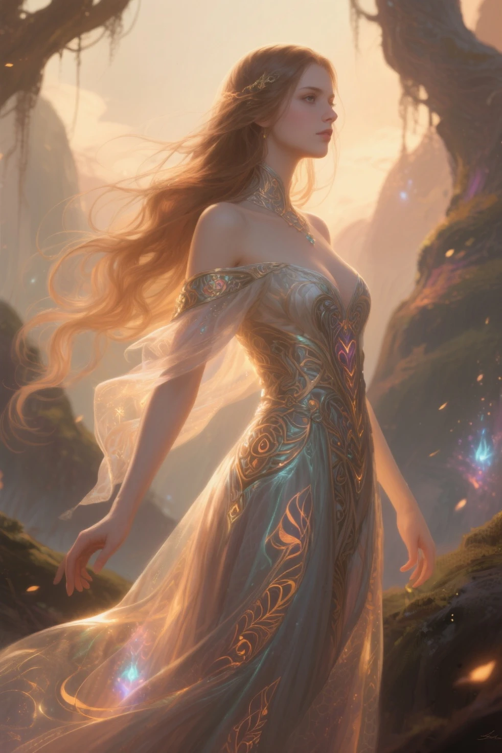 (ultra-realistic,highres:1.2),beautiful woman in sheer gown,gorgeous detailed eyes,long flowing hair,floating ethereal fabrics,elegant pose,vivid colors,soft lighting,luxurious texture,ethereal atmosphere,portrait,romantic,colorful,hint of mystery