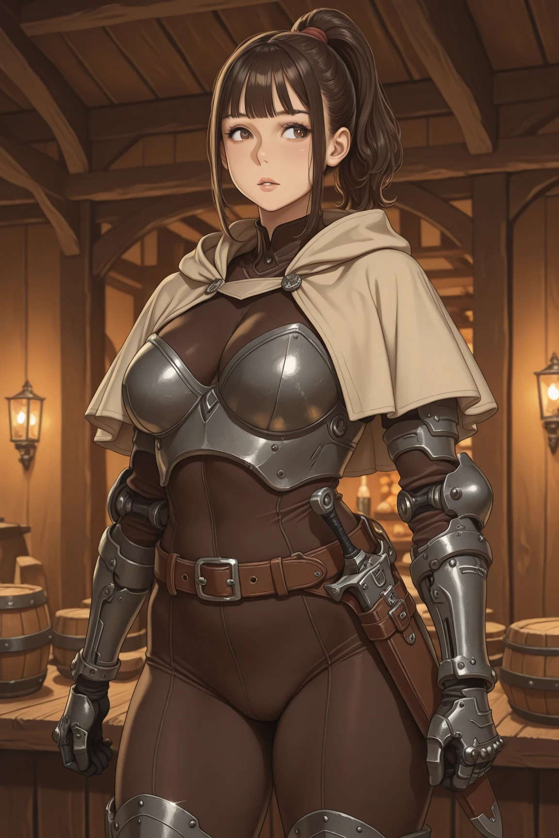 a girl, warrior, brown hair, short hair, brown eyes, beautiful breasts, hair between eyes, bangs, full body, confident, heroic posture, smiling, medieval leather armor, cape, fantasy, medieval