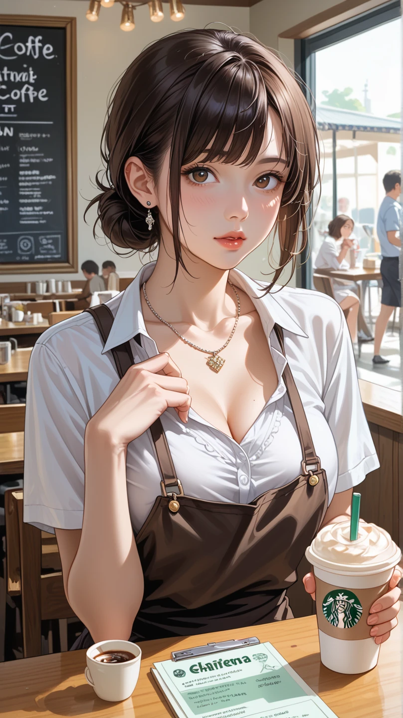 A girl sucking a black In coffee shop