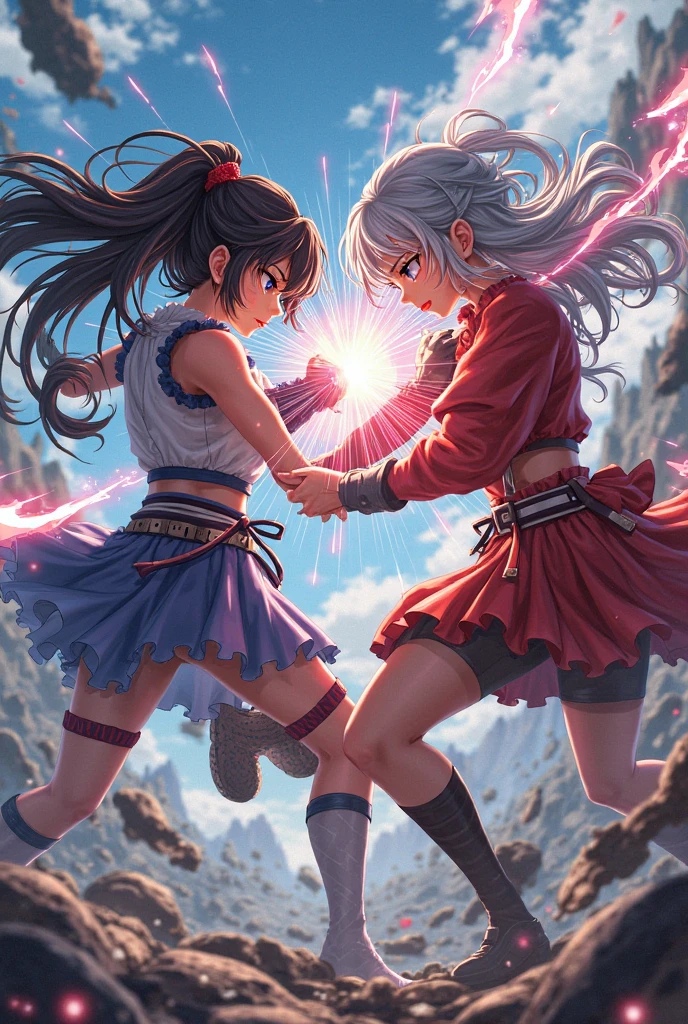 "sinister atmosphere, electric power, mysterious twins, wielding sharp spears, trendy shorts and tunics, voluminous and wild hair, adorned anklets, intertwined roots, embracing the essence of dark academia." masterpiece, 3d-rendering, fighting something,