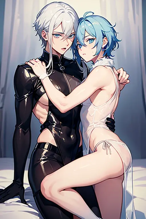 Two guys, BL, homosexual, lying on a bed and kissing, both are cross-dressing men, see-through Chinese dress, sheer gloves, knee-high socks, sheer nipples, bulging crotch, exposed penis, 1st guy, around , black hair, green eyes, looking shy, 2nd guy, around 20 years old, silver hair, blue eyes, looking shy