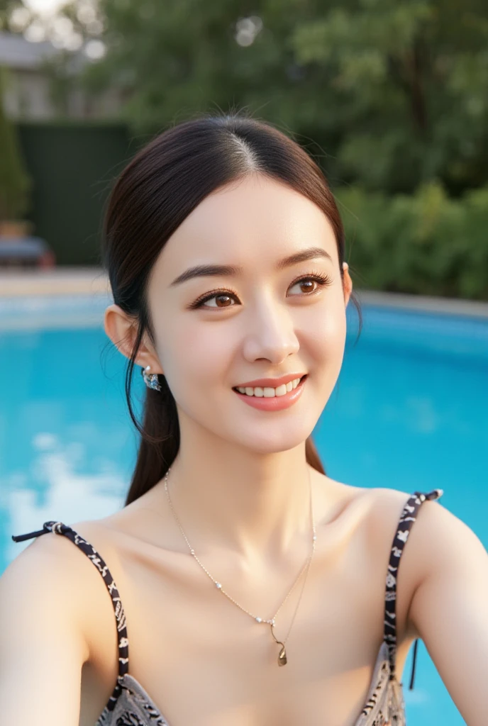 fashion model 18 years old， [[[[close up]]]], [[[[Rapeseed]]]], [[[[Shoulder]]]], perfect eyes, perfect iris，perfect lips，perfect teeth，perfect skin，White skin，high dynamic range，girl，(delicate face)，(Highly clear face)))，(((white bikini)))，(((big breasts)))，(((pool in background)))，((A smile of excitement and satisfaction on his face))，((charming expression))，((looking at the audience))，((面部的close up))，((Half body photo))，4K Ultra HD, ultra high resolution, (realistically: 1.4), best quality，masterpiece，（pastel colors：1.2)