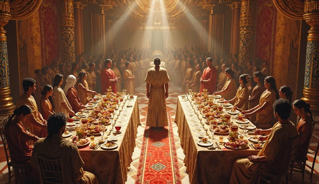 (photorealism:1.2), two dinner table, rectangular tables, long tables, royals, divine light, blue table cloth, food, wine, divine, white robes royal people, sitting on chairs, man and woman, white clouds