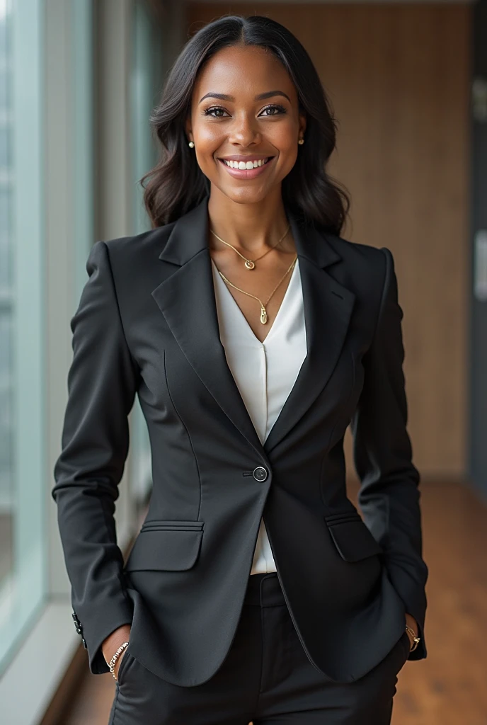 black woman in suit smiling full body