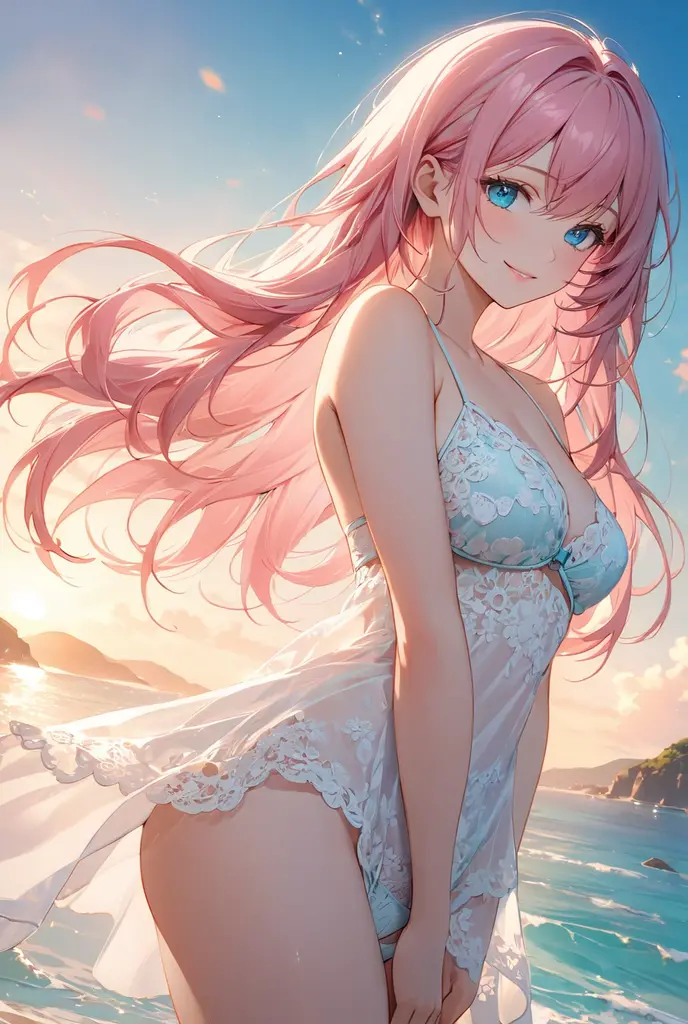 1_girl, (anime, kawai:2), (masterpeice, best_quality, clean:1.5), (sky_background:1.2), (cute, cute_smile, young:1.5), (delicate, extremely_delicate, beautiful, thin:1.5), (girlfriend, angel:1.8), (green_eyes, simple_eyes:1.8) (long_hair, blond_hair, wearing_pink_dress, pink_angel_wings, sexy_gloves:1.5), extremely_delicate, (love_magic:1.5), (age_size_fits_body), (small_thighs:1.3), (breasts), (eye_level:1.3), (heart_magic, love:1.5), (folded_legs:1.5), (combat:1.5), (bikini:1.5)