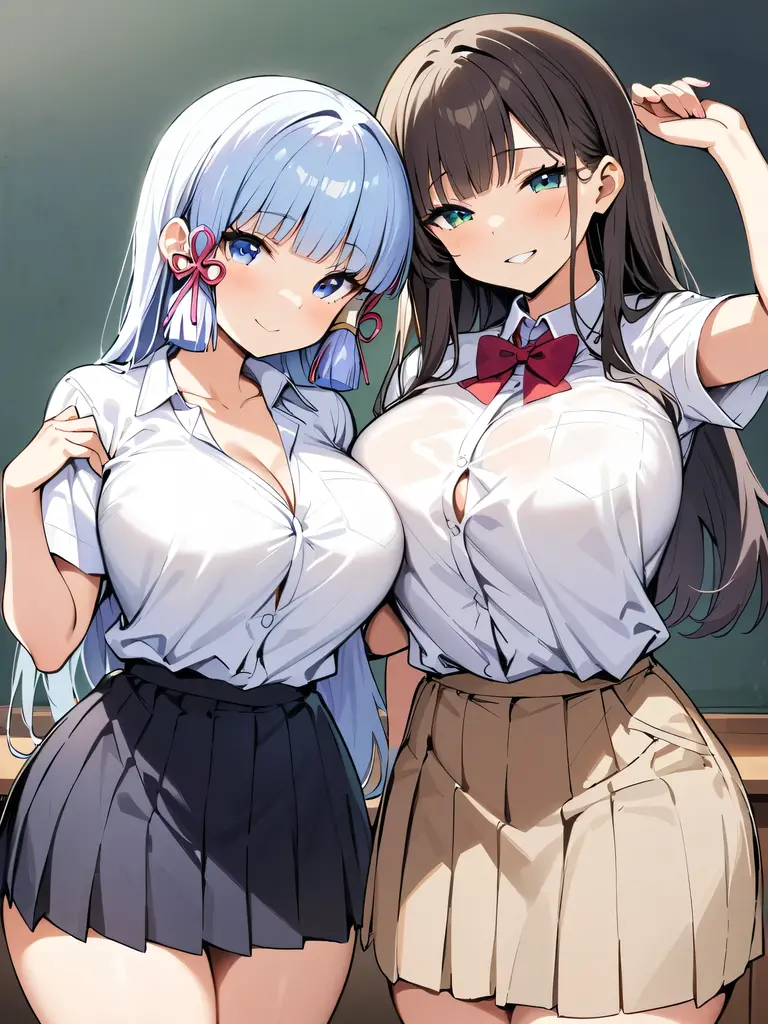 (((masterpiece))), ShizukaMikazuki, One Girl, alone, View your viewers, Long Hair, Gray Hair, Long sleeve, Cleavage, Large Breasts, Mature Body,clavicle,Clear blue eyes, High Ponytail, The look of temptation,Embarrassed face, Blushing , Sailor suit,Navy blue mini skirt, Navy blue head ribbon, Surprise and delight,Dusk Today Room