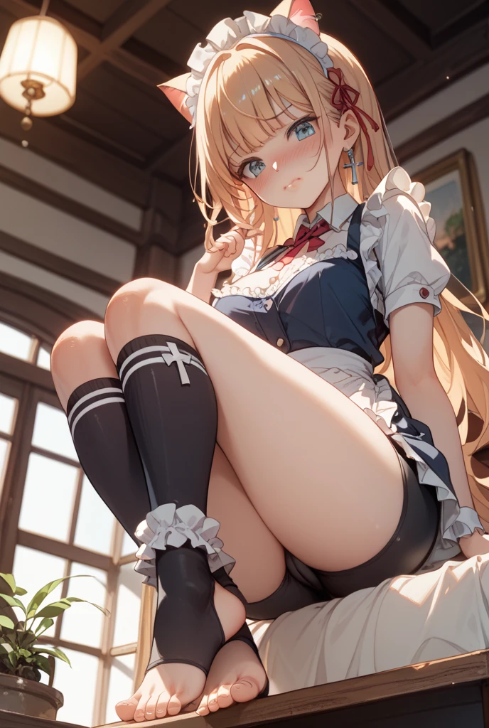 1girl,masterpiece,best quality,blonde hair,(ponytails),blue eyes,(white stockings),(red plaid skirt),medium breasts,extremely detailed,cum in pussy,cum dripping,embarrassed face,legs spread,