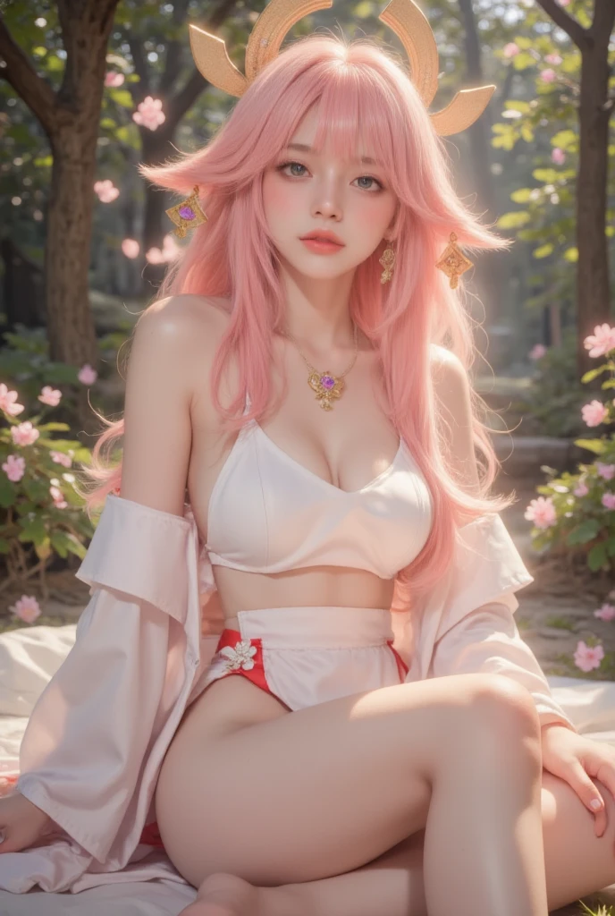 covered_pussy,Top of the line CG, highest image quality, masterpiece,8k image quality,  exquisite and delicate beautiful girl, ,Yae Miko,Yae Miko(genshin impact), long pink hair, fox ears , purple eyes, a large gold ornament, large breasts, barefoot,,besides a blue lake, night sky,stars,forest,Reflections in the water,,floating_hair,