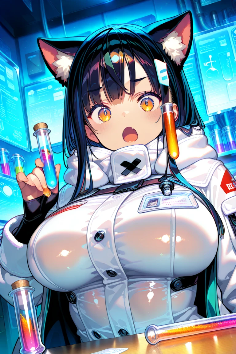 (gigantic breasts:1.2)(masterpiece:1.2)(high quality)(best quality) 1girl,cat,anthro,animal ears,tail,gray hair,thigh highs,white lab coat,futuristic space station,laboratory,glasses