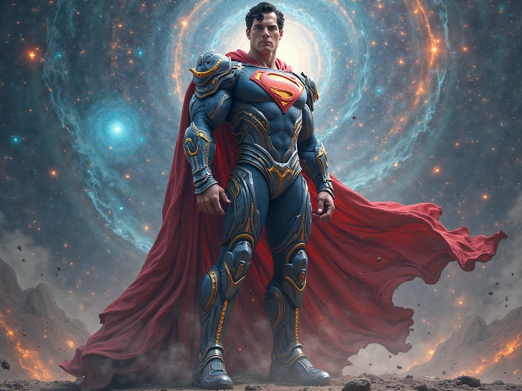 photo, superman (thnos:1) standing in front of, a tunnel (BaroqueWarrior style:1) (ToweringPortal style:0.6) <lora:djzToweringPortalV21:0.6> <lora:thanos1521768Lora_sd21768:1>